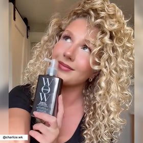 COLOR WOW before and after curls displaying reduced frizz and improved shape