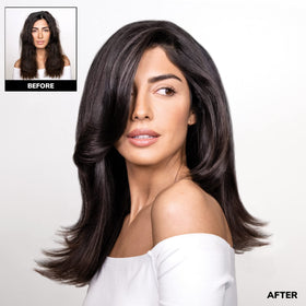 COLOR WOW before and after hair comparison illustrating reduced frizz and added shine