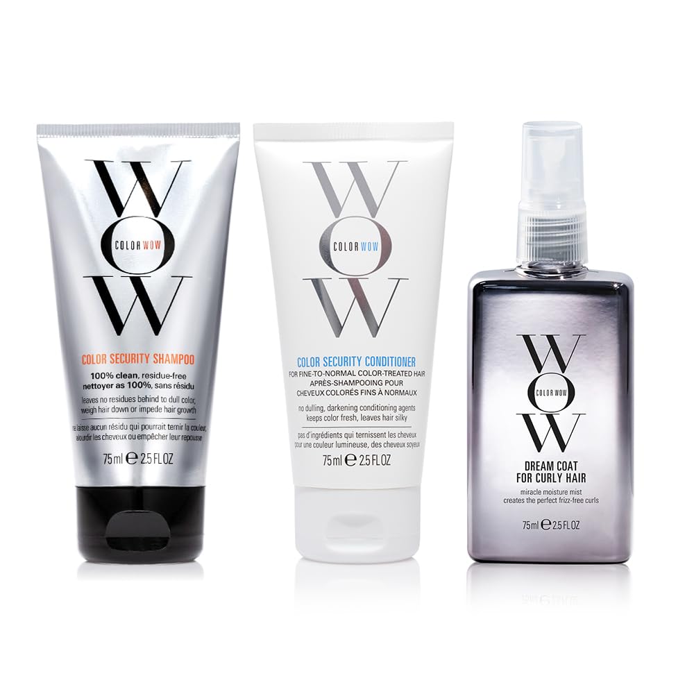 COLOR WOW front packaging of travel kit showing three 2.5 oz bottles and portability benefit
