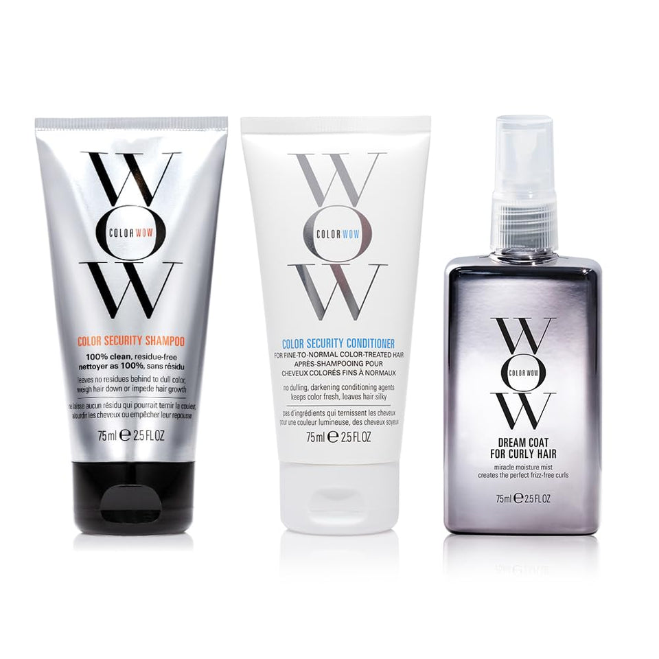 COLOR WOW front packaging of travel kit showing three 2.5 oz bottles and portability benefit