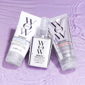 COLOR WOW travel kit contents flatlay, showing shampoo, conditioner and spray benefits