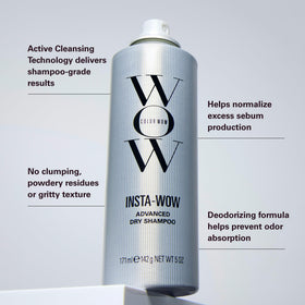 COLOR WOW applying spray to roots to absorb oil and add volume
