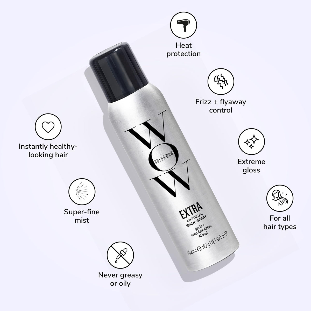 COLOR WOW close-up of spray nozzle mist delivering even, weightless gloss