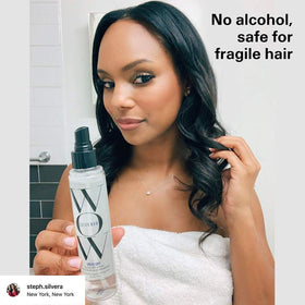 COLOR WOW mist on damp hair illustrating faster water removal benefit
