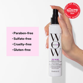 COLOR WOW spray being applied to damp hair for immediate root lift and styling prep
