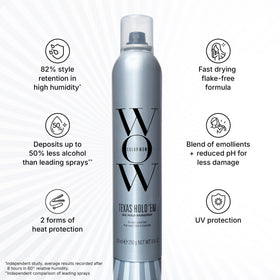 COLOR WOW spray in use on styled hair demonstrating humidity resistance