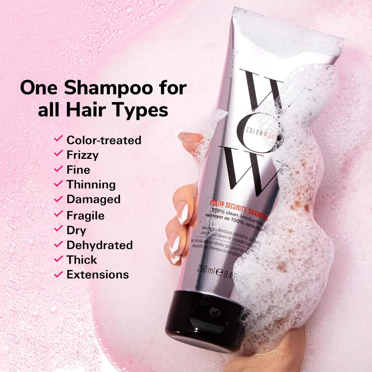 COLOR WOW shampoo foam texture illustrating gentle but effective cleansing