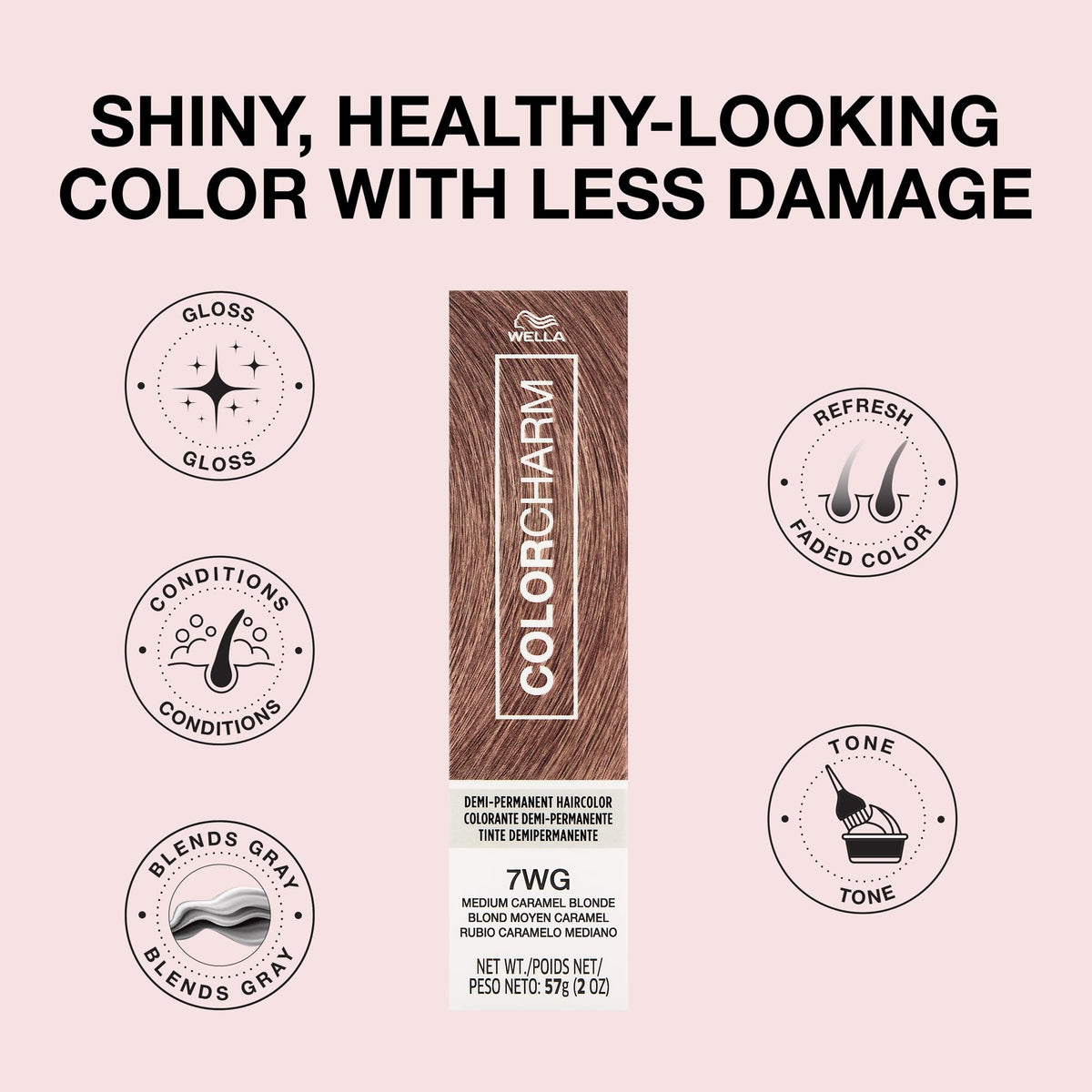 COLORCHARM before and after hair swatch showing warmer tone and enhanced shine benefit