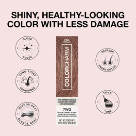 COLORCHARM before and after hair swatch showing warmer tone and enhanced shine benefit