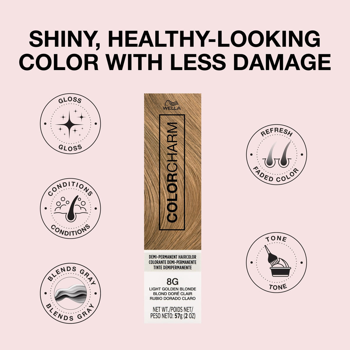 COLORCHARM before and after swatch strip showing warmer blonde and improved tone