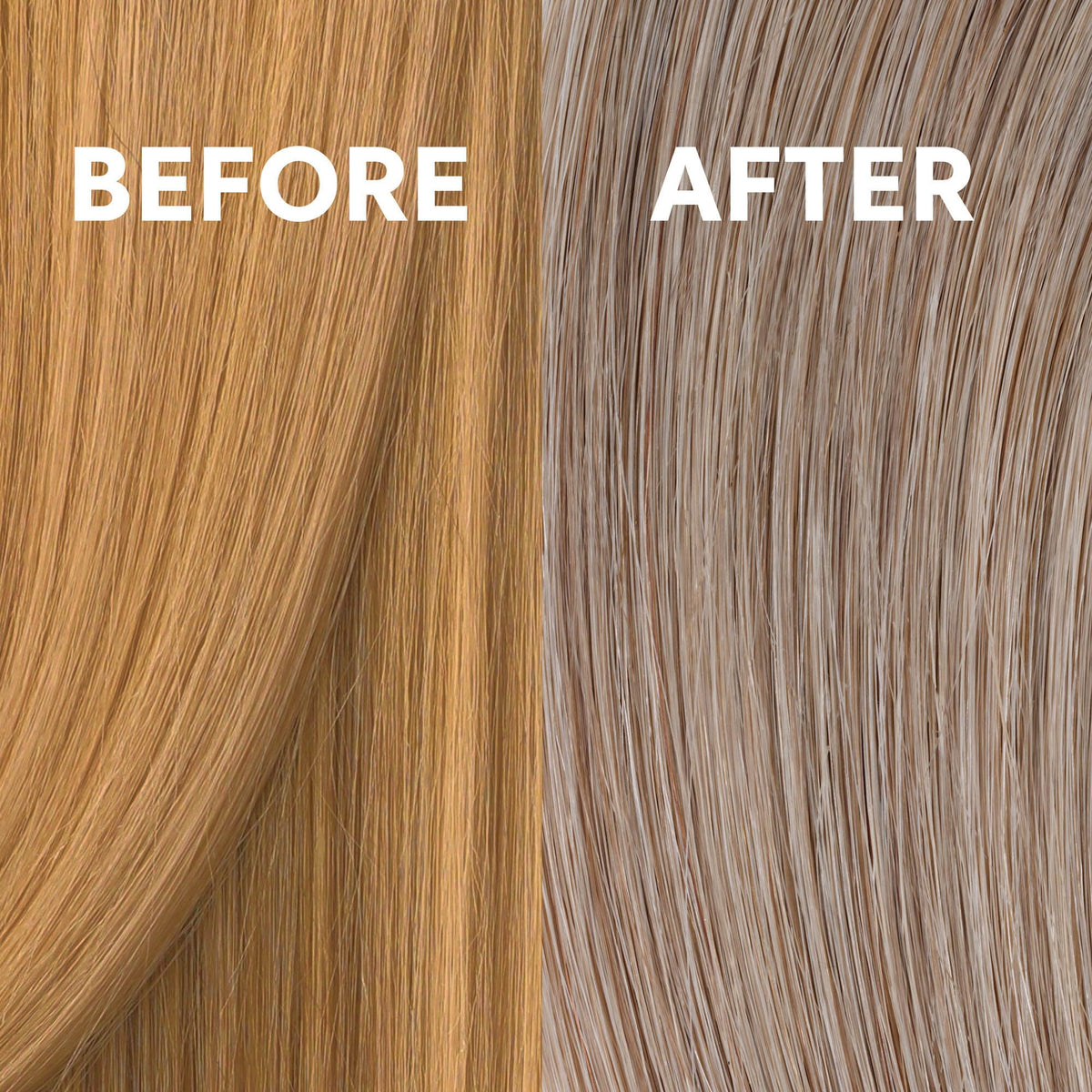 COLORCHARM before and after hair comparison showing brass reduction and results
