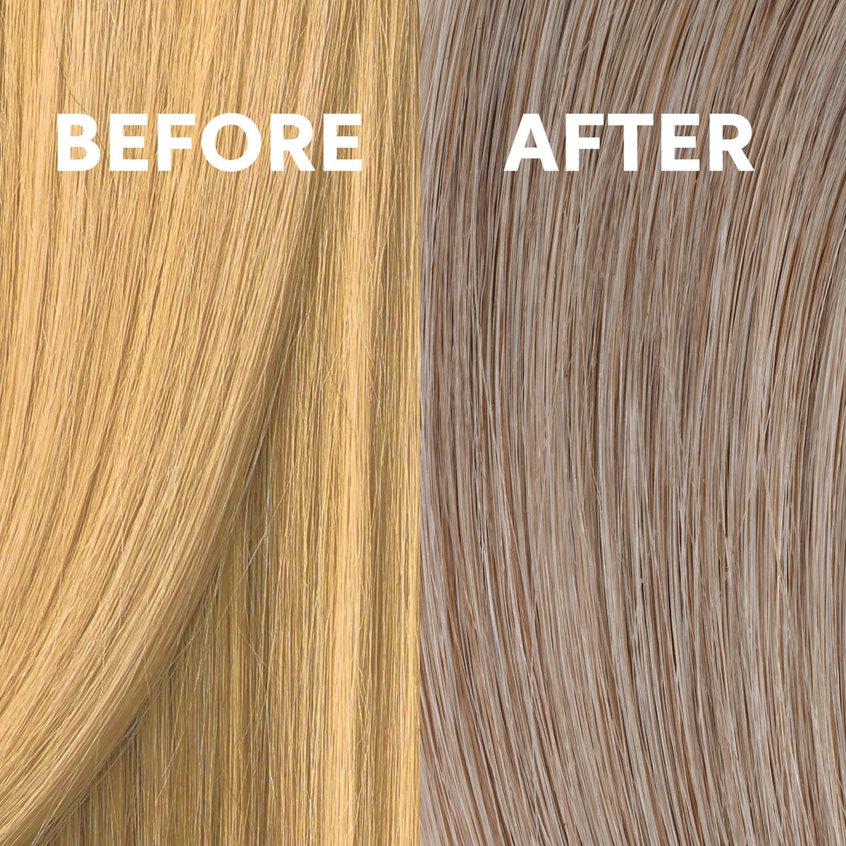 COLORCHARM before and after toning showing neutralized brass benefit