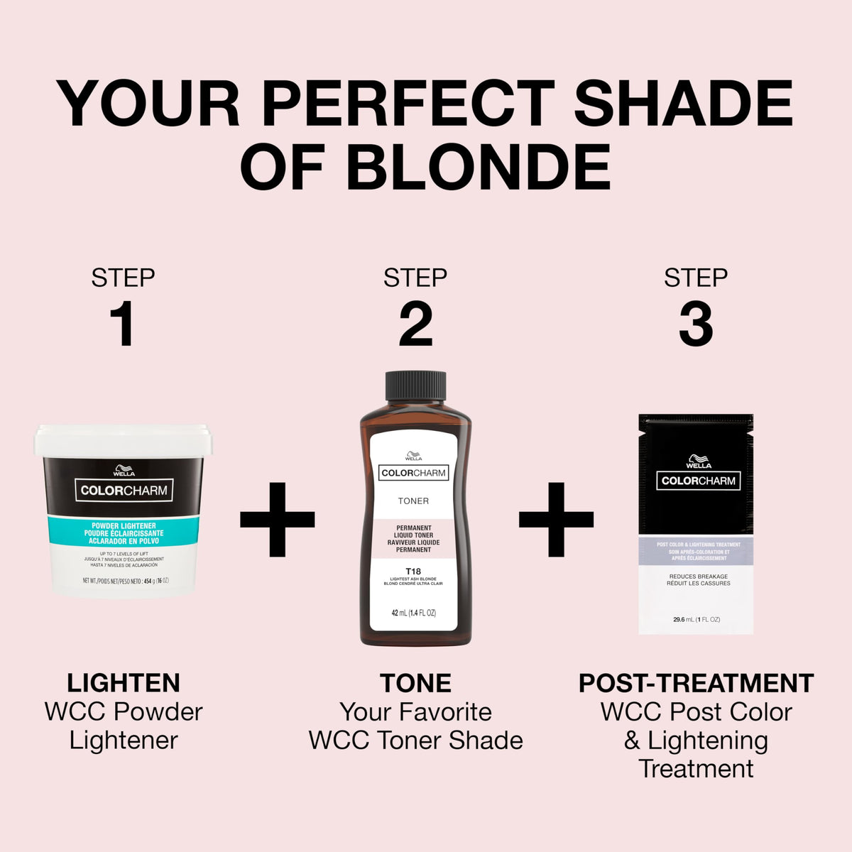 COLORCHARM swatches on hair strands illustrating Pale Rose Blonde tonal outcome