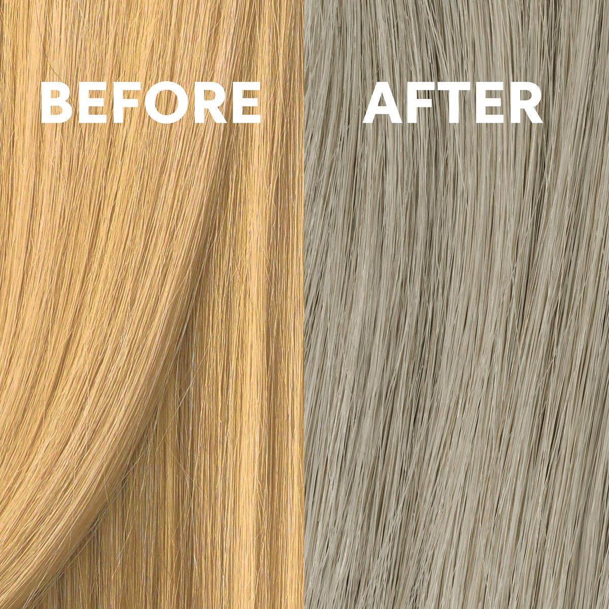 COLORCHARM T10 before and after strand showing reduced brass and cooler tone