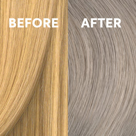 COLORCHARM T81 before and after hair shot showing reduced brass and cooler blonde
