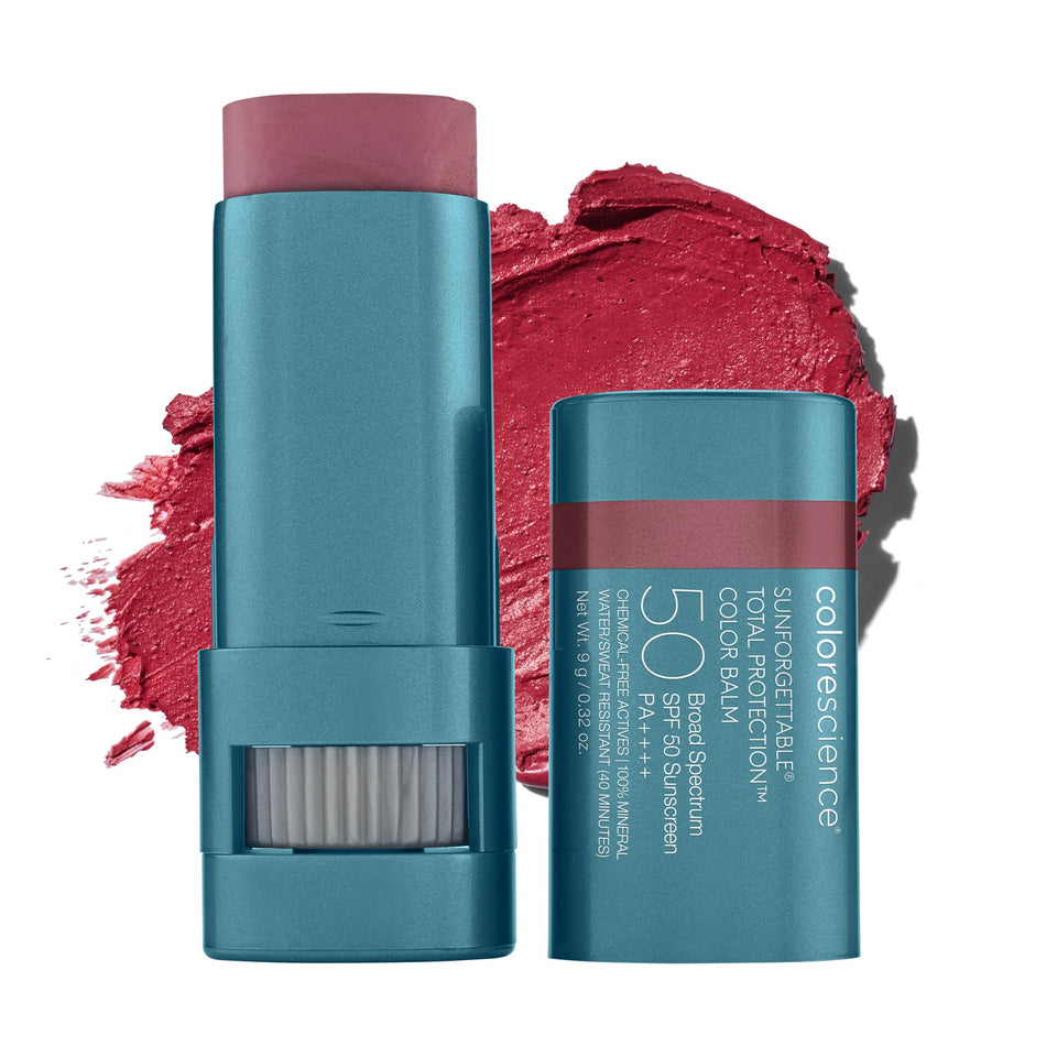 Colorescience balm front packaging in Berry showing protective mineral SPF and color