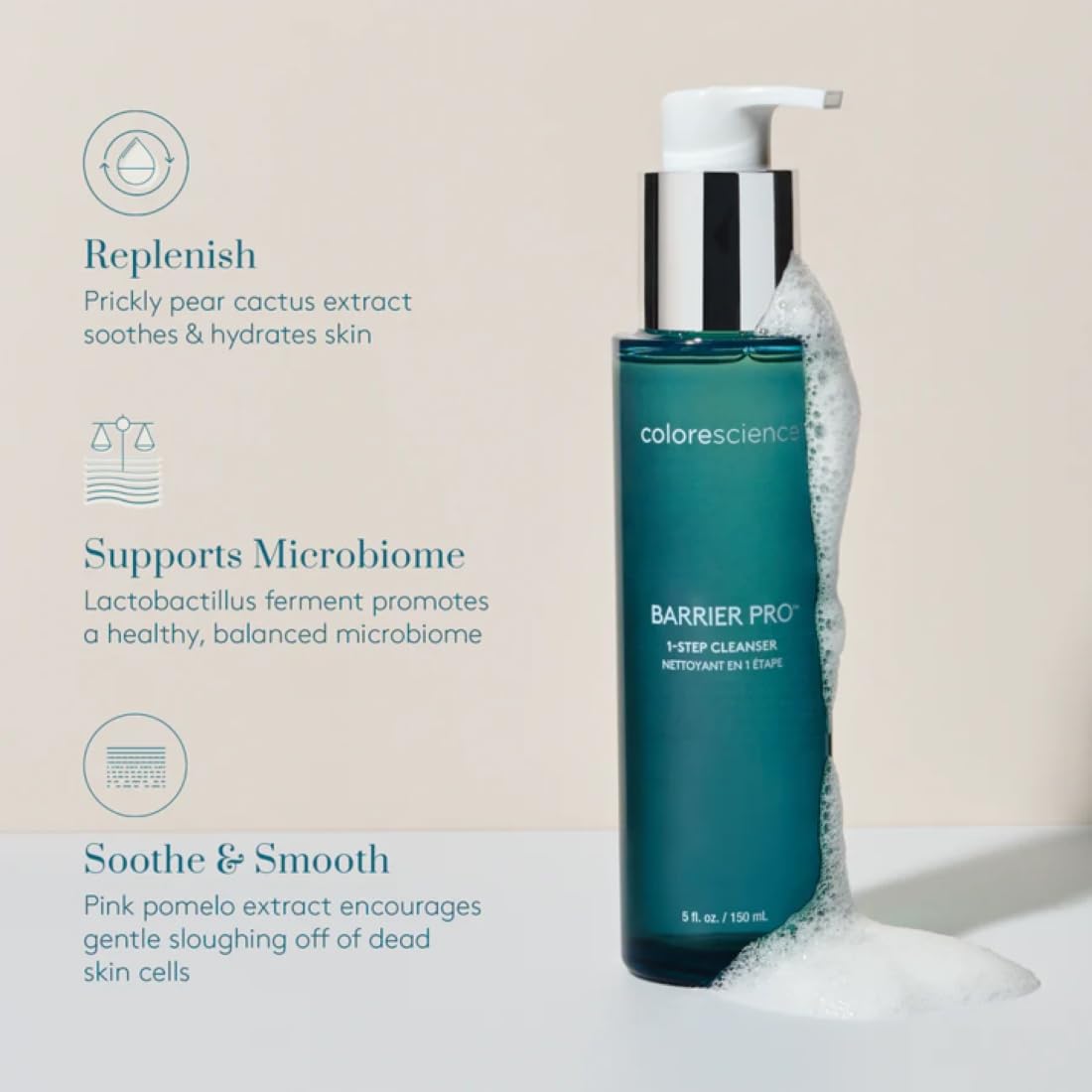 Colorescience cleanser in use at washbasin demonstrating effective rinsing