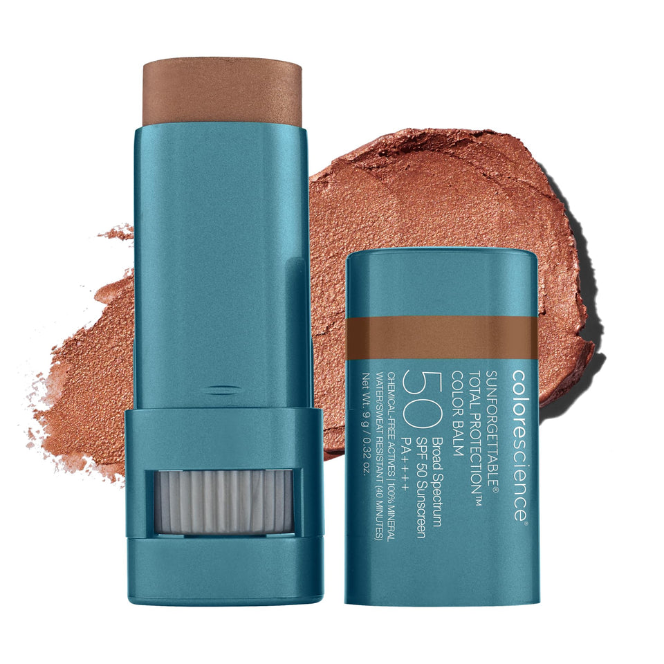 Colorescience Bronze front view showing balm packaging and shade, protective glow