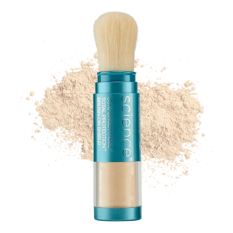 Colorescience brush-on front packaging showing SPF and shade for quick identification and protection
