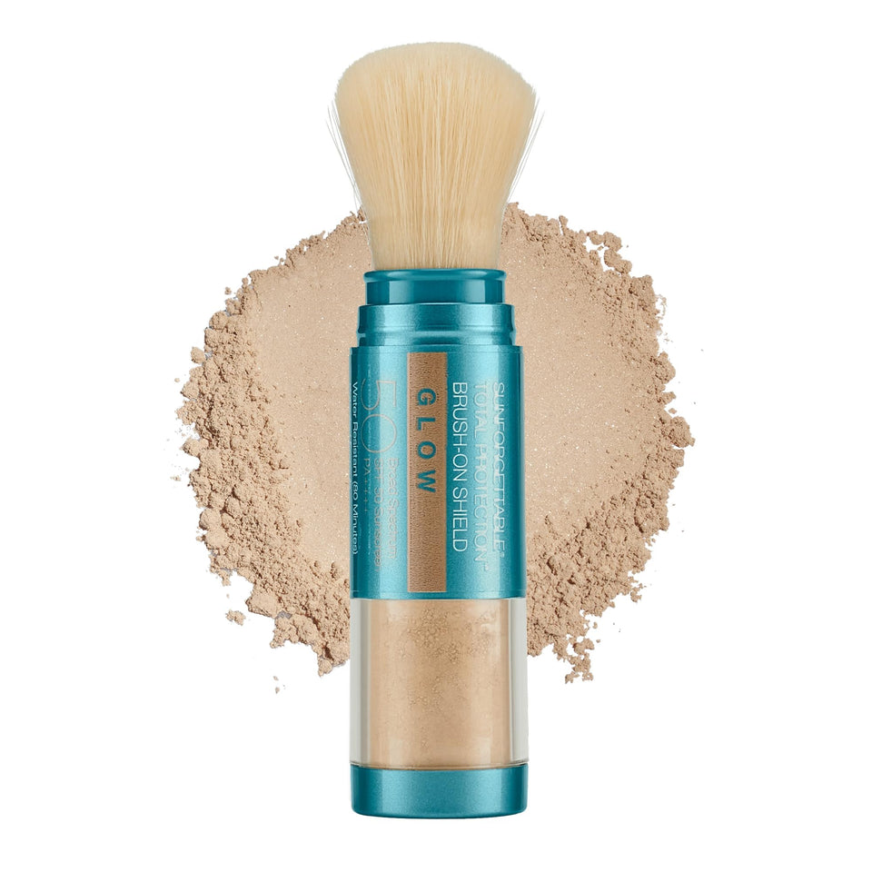 Colorescience brush-on shield front packaging showing compact brush and lid benefit portable protection