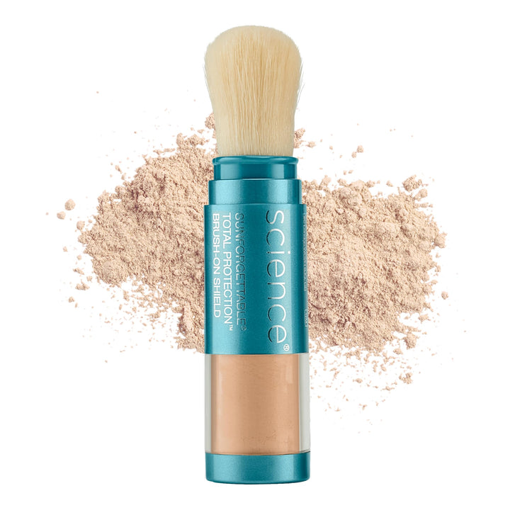 Colorescience brush-on sunscreen front packaging showing compact brush and cap benefits easy protection