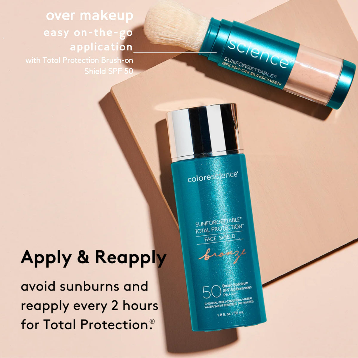 Colorescience Face Shield bottle on vanity showing daily routine and ease