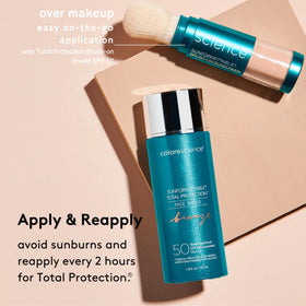 Colorescience Face Shield bottle on vanity showing daily routine and ease