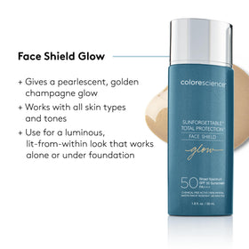 Colorescience Face Shield Glow on neck and decollete showing smooth, hydrating protection benefit