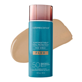 Colorescience FLEX front packaging showing SPF 50 protection and medium shade benefit