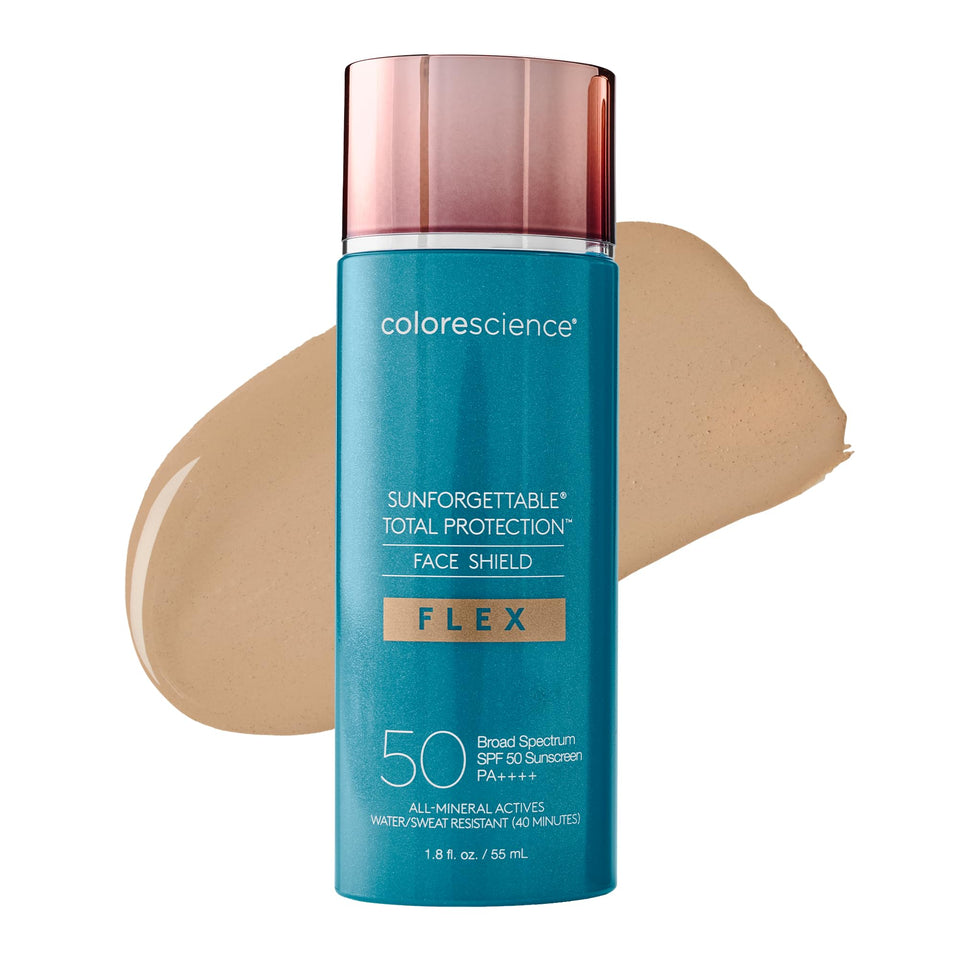 Colorescience FLEX front packaging showing SPF 50 protection and medium shade benefit