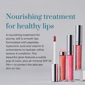 Colorescience lip shine Rose on model lips demonstrating mauve shimmer and plump look