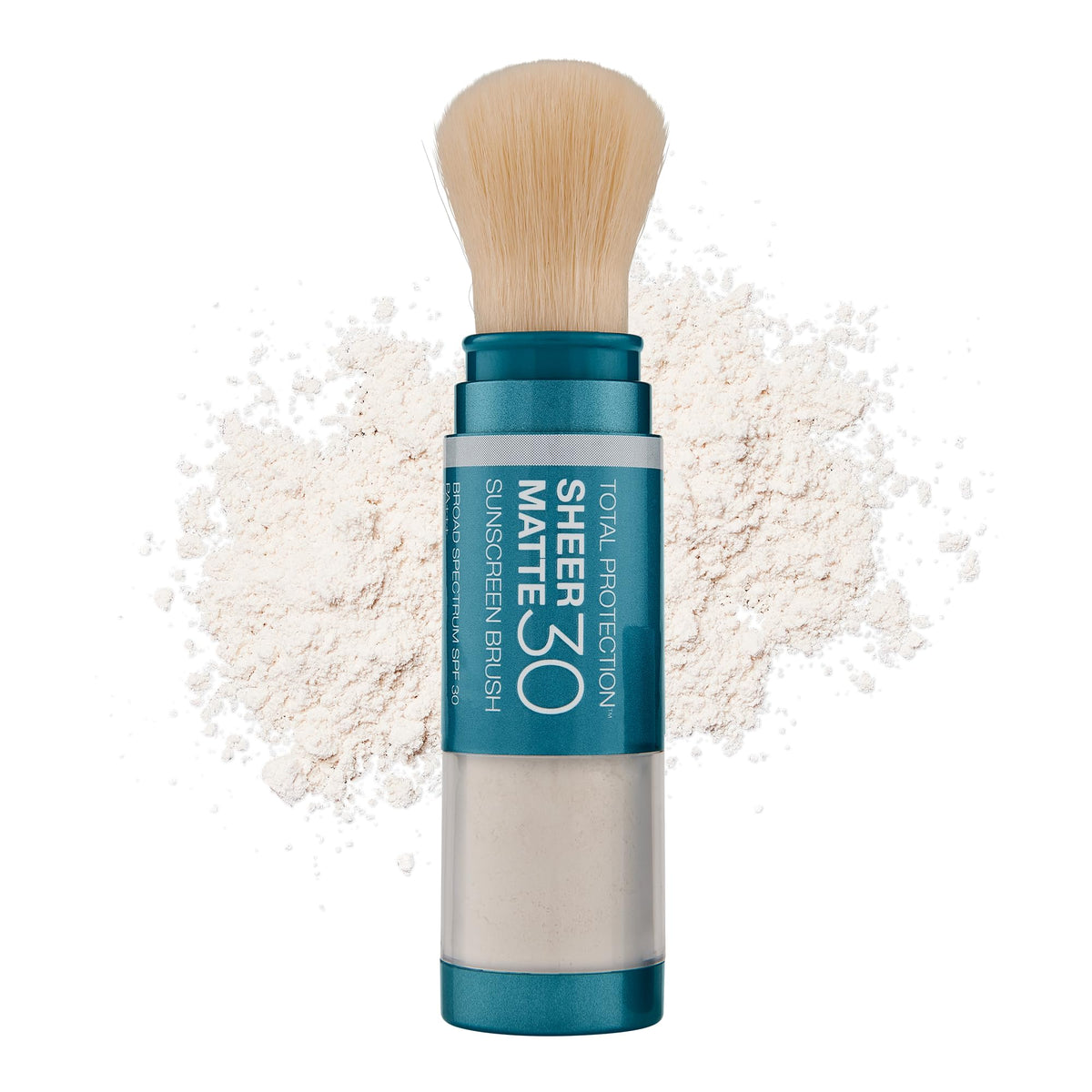 Colorescience brush front packaging showing compact SPF benefits