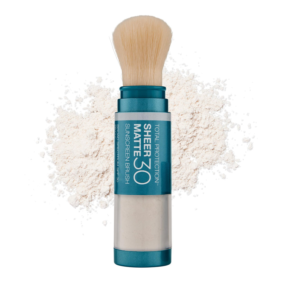Colorescience brush front packaging showing compact SPF benefits