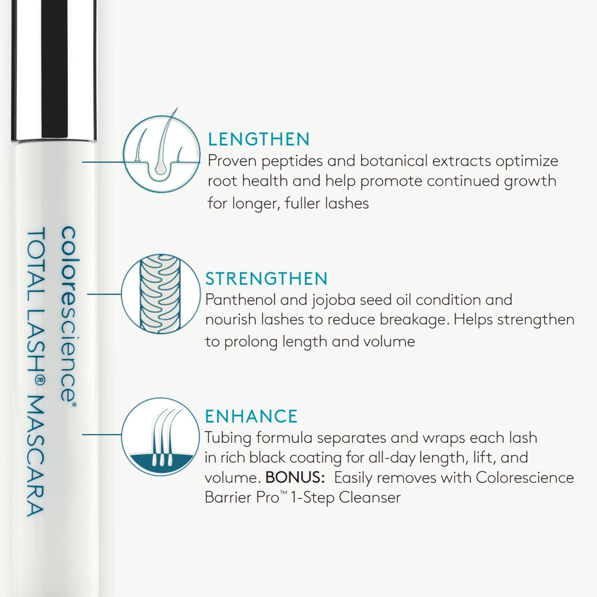 Colorescience total lash ingredients display with panthenol and jojoba showing conditioning