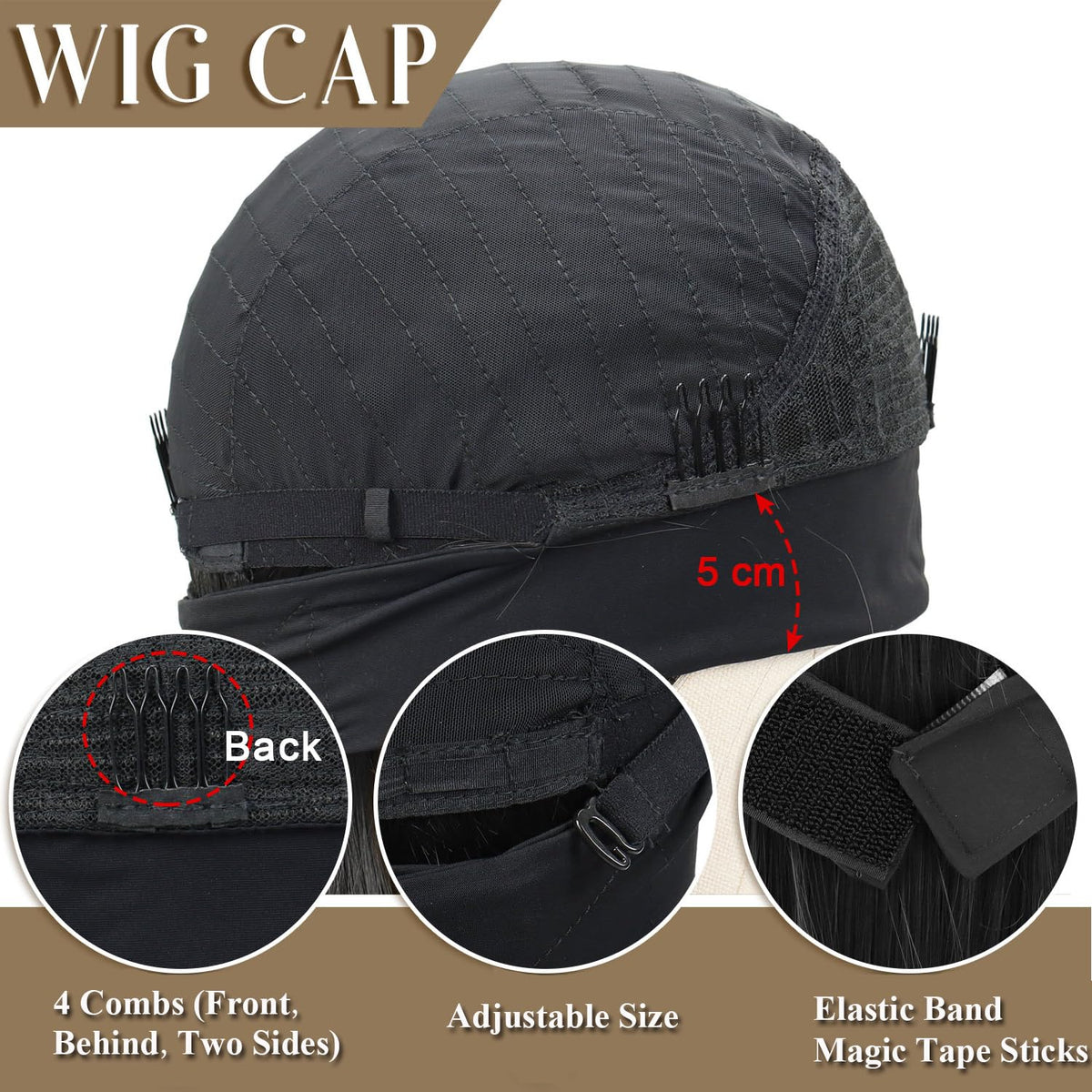 Colorful Queen wig cap interior showing combs and adjustable strap benefit