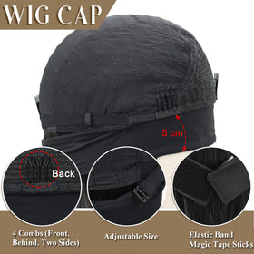 Colorful Queen wig cap interior showing combs and adjustable strap benefit