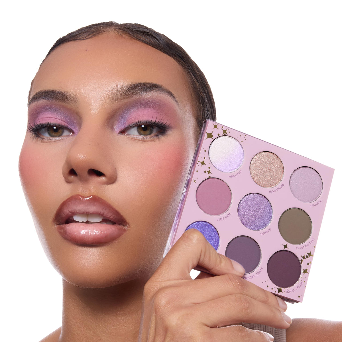 ColourPop matte swatch row showing lilac to deep purple matte payoff for crease definition