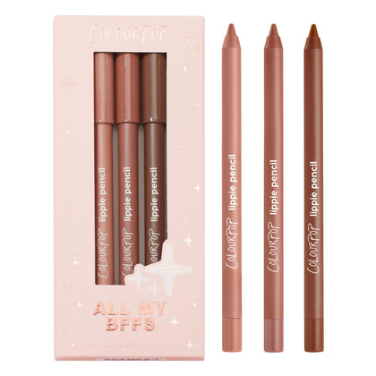 ColourPop front packaging of All My BFFs kit showing three pencils and festive box for gift-ready appeal