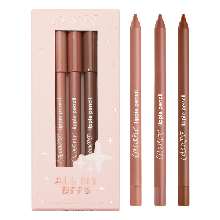 ColourPop front packaging of All My BFFs kit showing three pencils and festive box for gift-ready appeal