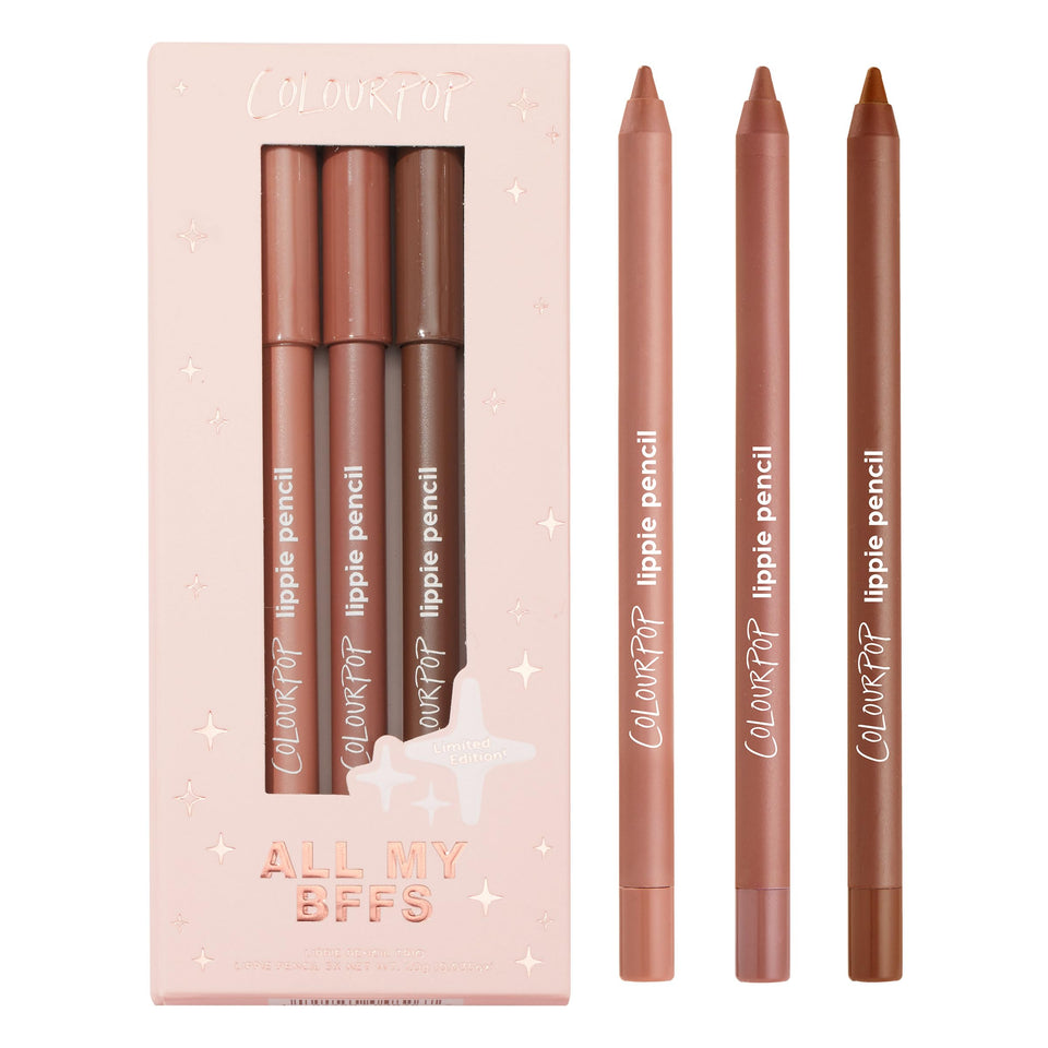 ColourPop front packaging of All My BFFs kit showing three pencils and festive box for gift-ready appeal