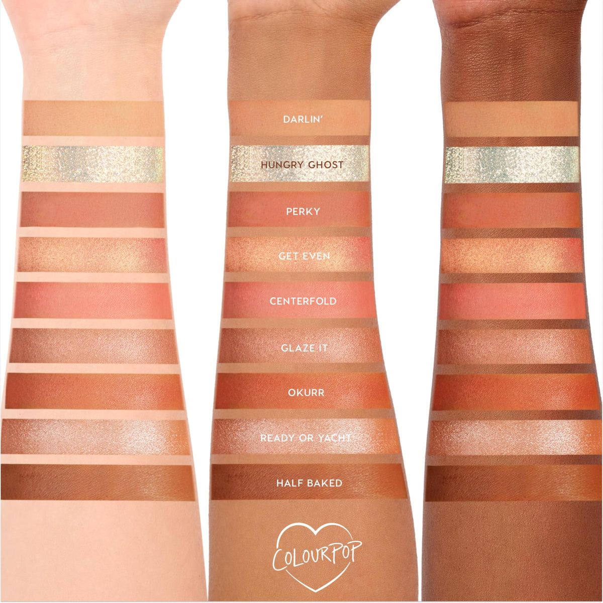 ColourPop Baby Got Peach arm swatches showing true-to-pan pigmentation