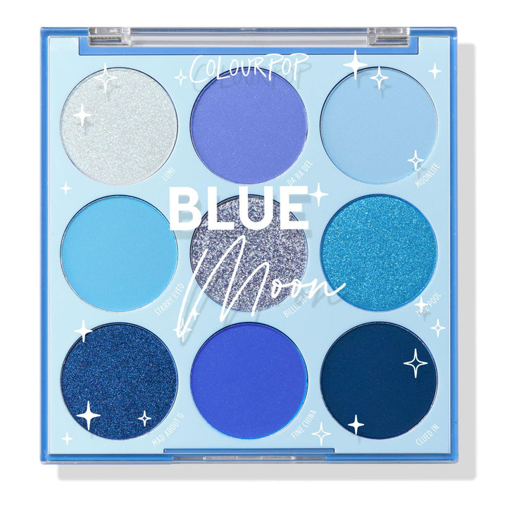ColourPop front packaging showcasing compact blue palette and travel-friendly benefit