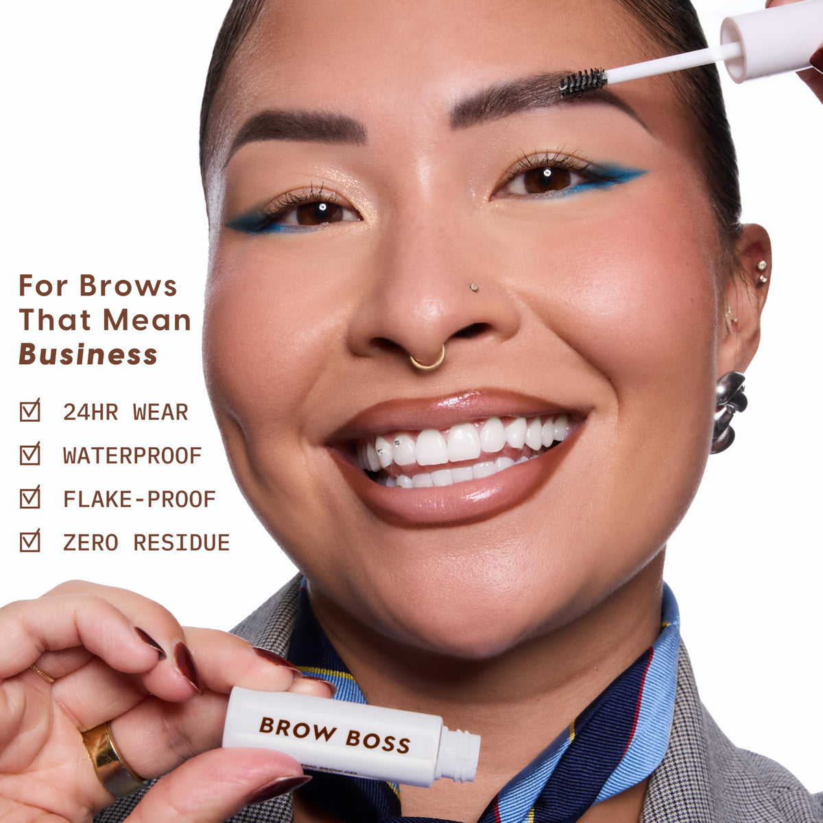 ColourPop Brow Boss beside common items showing 0.23 fl oz compact size and travel-friendly benefit