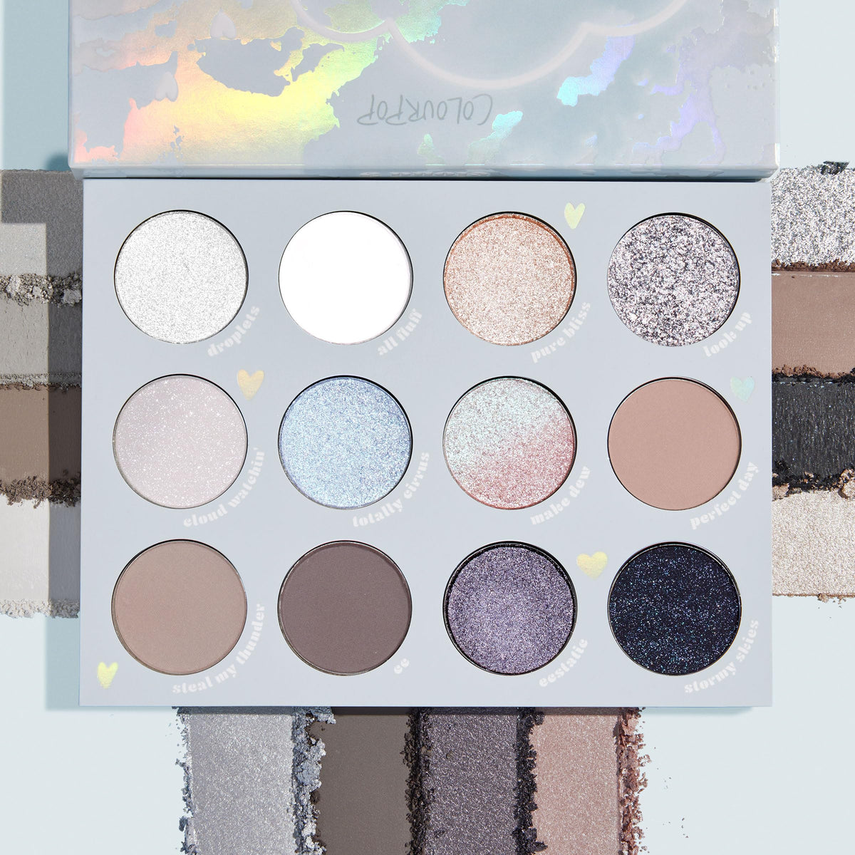 ColourPop Cloud 9 open palette displaying twelve pans and finish variety for versatile looks