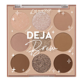 ColourPop Deja Brew front packaging showing compact palette, portable convenience