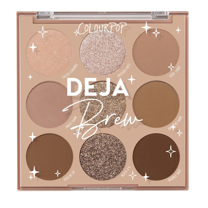 ColourPop Deja Brew front packaging showing compact palette, portable convenience
