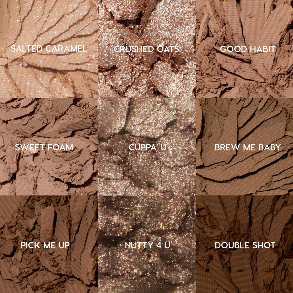 ColourPop Deja Brew open palette top view showing nine cool-toned shades for easy selection