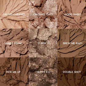 ColourPop Deja Brew open palette top view showing nine cool-toned shades for easy selection
