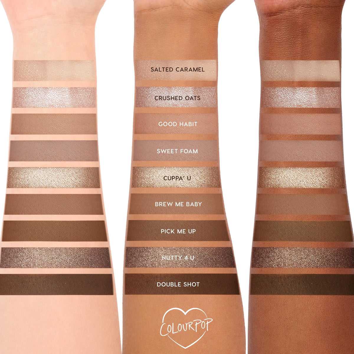 ColourPop Deja Brew size scale in hand showing compact travel-friendly palette