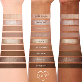 ColourPop Deja Brew size scale in hand showing compact travel-friendly palette